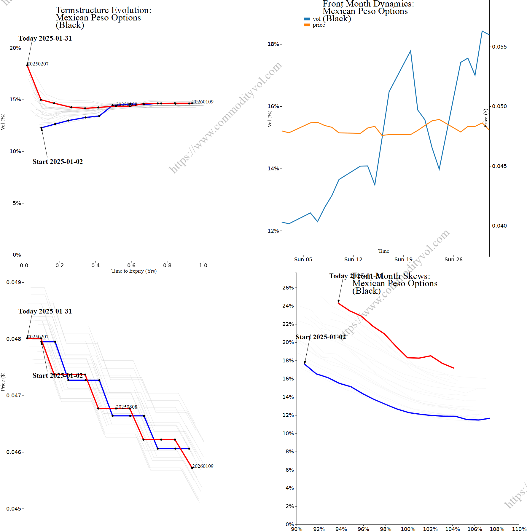 Market summary 4x4 plot Mexican Peso Options